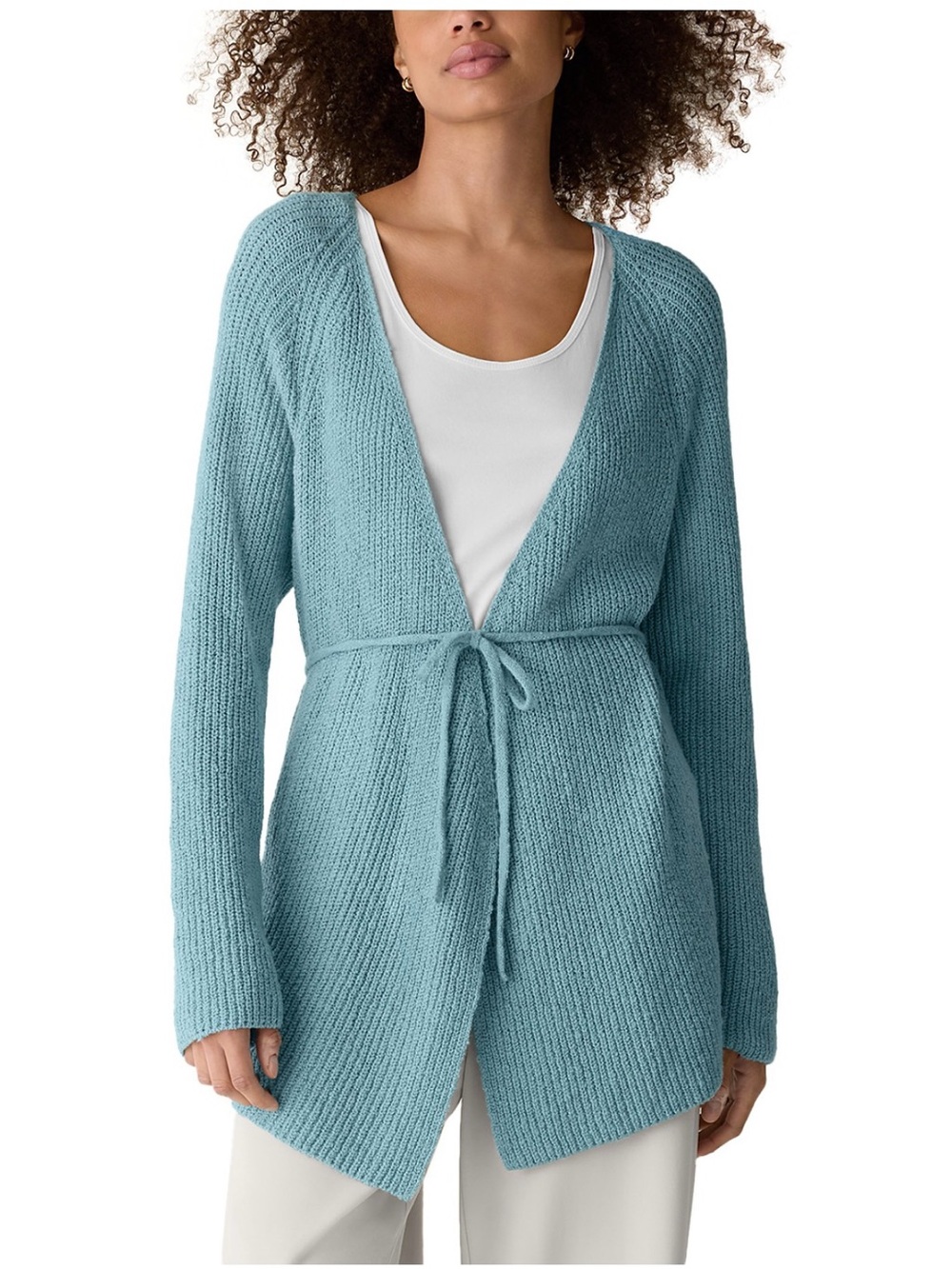 Eileen Fisher Light Blue Tie-Waist Open Cardigan